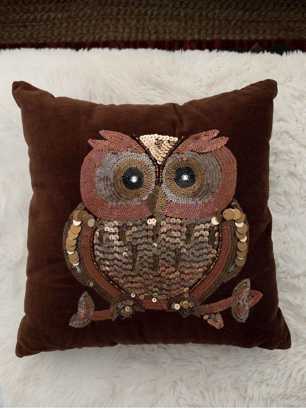 Sequin Owl Accent Pillow - Brown